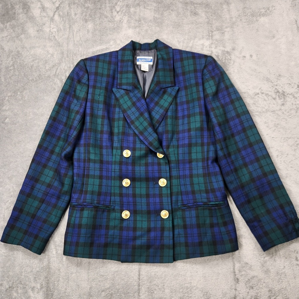 Pendleton Blazer Women Sz 6 Wool Tartan Plaid Double Breasted Jacket Gold Button